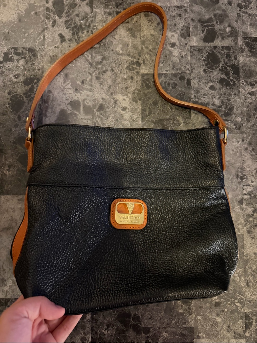Valentina Black Leather Shoulder Bag with Tan Trim